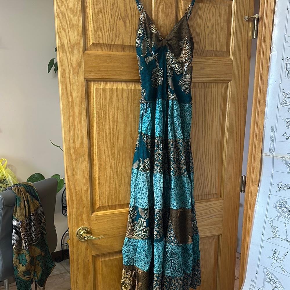 Blue and Brown Sleeveless Spaghetti Strap Sundress